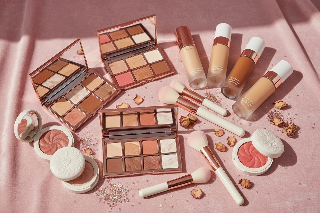 Face makeup products (Contour, Foundation, bush etc) in an astehtic pink 